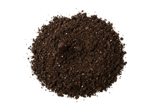 A single, perfectly formed, pristine dark brown soil mound with coarse texture and organic matter, top-down shot against a transparent background, concept of new beginnings