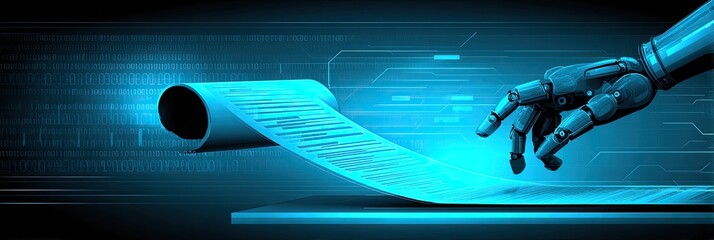 Futuristic robot hand unrolls digital document