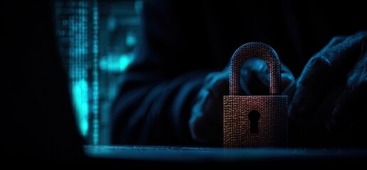 Hacker holding a lock in the dark