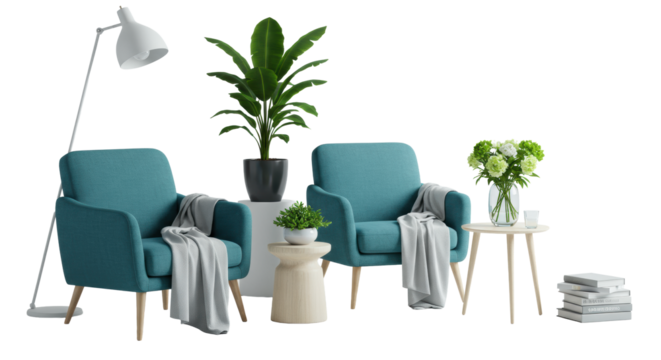 Two teal fabric armchairs, one with grey throw, white lamp, plants, books on wooden table in a serene modern living space against a transparent background. Concept of home comfort and elegance