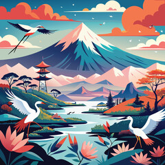 Majestic mountain with soaring cranes and serene waterscape flying landscape