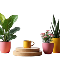 Obraz premium Colorful potted plants and a yellow mug on a wooden display stand.