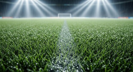 Close-up of wet grass with dew on a soccer pitch at night, with stadium lights shining through the rain.