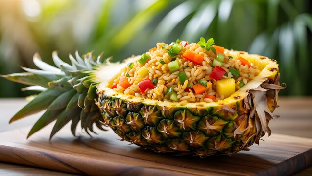 Delicious pineapple fried rice served in a fresh pineapple, a vibrant and healthy dish with tropical flavors on a wooden board - Powered by Adobe
