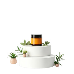 Amber jar with orange label displayed on a tiered white podium with greenery.