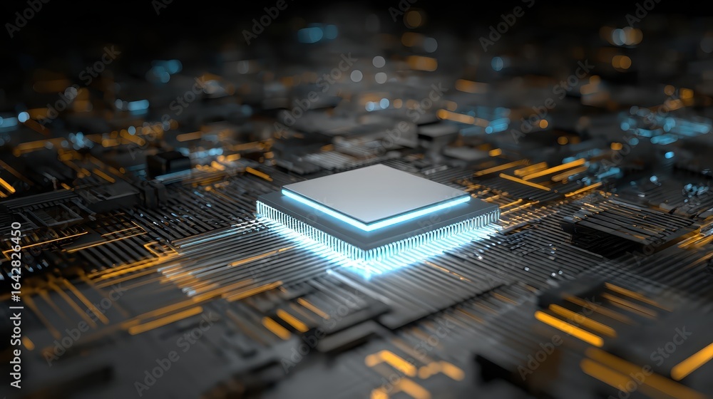 Fototapete illuminated cpu on futuristic circuit board: close-up of a glowing central processing unit integrate