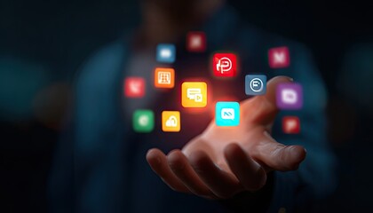 A hand holds a glowing collection of digital app icons