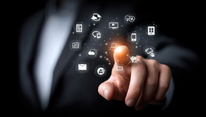 A person's fingertip interacting with a holographic interface of digital icons