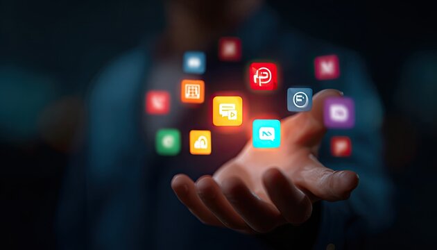 A hand holds a glowing collection of digital app icons