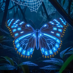 Magical butterfly with glowing wings in mysterious forest