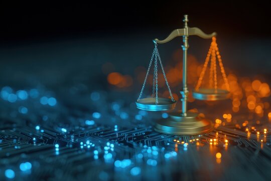 Golden scales of justice on circuit board, digital background, legal tech concept