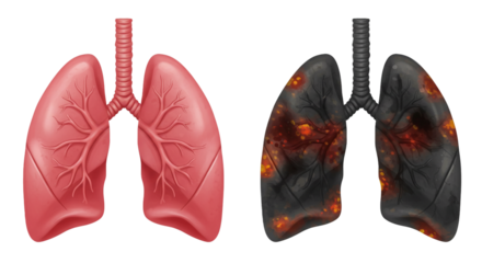 Visual comparison of healthy pink human lungs alongside dark, diseased respiratory organs showing damage.