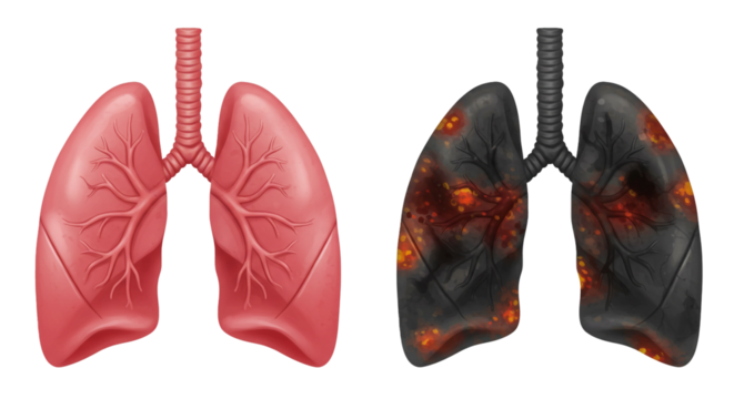 Visual comparison of healthy pink human lungs alongside dark, diseased respiratory organs showing damage.