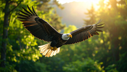 Fototapeta premium Majestic Bald Eagle Soaring Above Lush