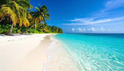 Naklejka premium Tropical Beach Paradise with Resort and Palm Trees