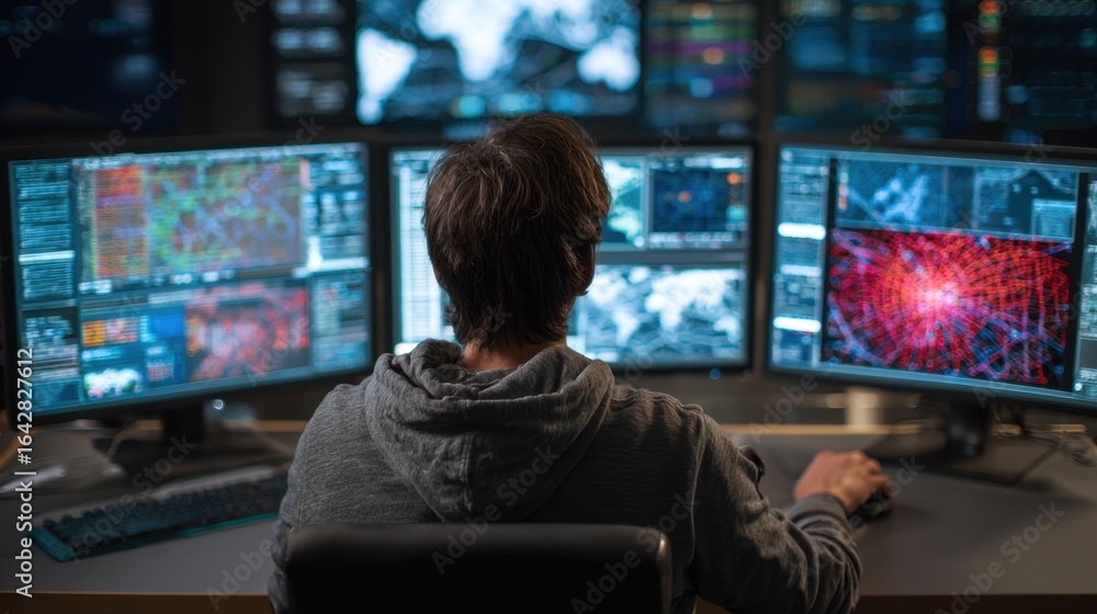 Aufkleber security professional examining detailed vulnerability reports and mapping cyberattack paths on scre