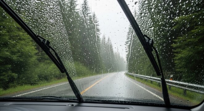 Windshield wipers clearing raindrops while driving on a rural road in bad weather.