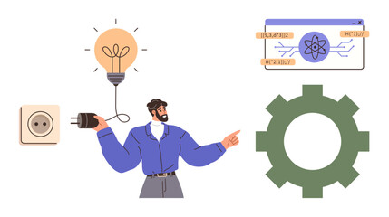 Man holding a plug connecting to a lit bulb symbolizing ideas, gears for process, and tech screen for innovation. Ideal for technology, creativity, engineering, workflow, innovation, education