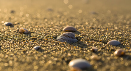 Seashells on Sandy Beach A Macro Perspective of Coastal Beauty and Tranquility