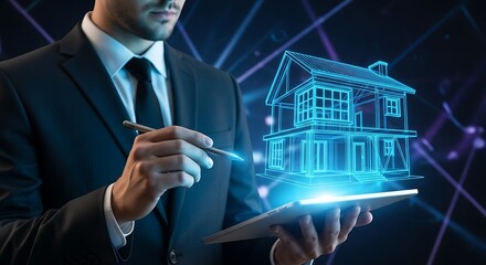 Man in suit using tablet to interact with a digital house hologram