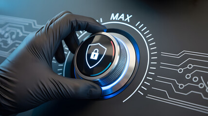 Max security dial turned by gloved hand, digital shield icon glowing bright