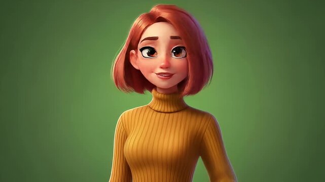 Close-up illustration of a young woman with orange hair wearing a mustard yellow turtleneck sweater against a green background, conveying a cheerful and friendly mood.