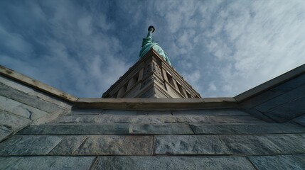Low angle view of the Statue of Liberty's pedestal.