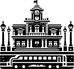 Fototapeta premium Minimalist black and white train station, clean lines, isolated on white, perfect for stickers, logos, and digital use.