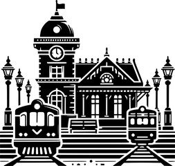 Fototapeta premium Minimalist black and white train station, clean lines, isolated on white, perfect for stickers, logos, and digital use.
