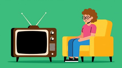 Retro TV Viewing: Animated Woman in Chair Watching a Progression of Television Screen Content, Isolated on Green Background, Suitable for Nostalgia