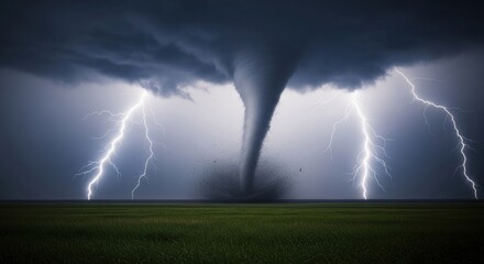 A catastrophic supercell storm with a massive tornado and multiple lightning bolts over a green landscape.