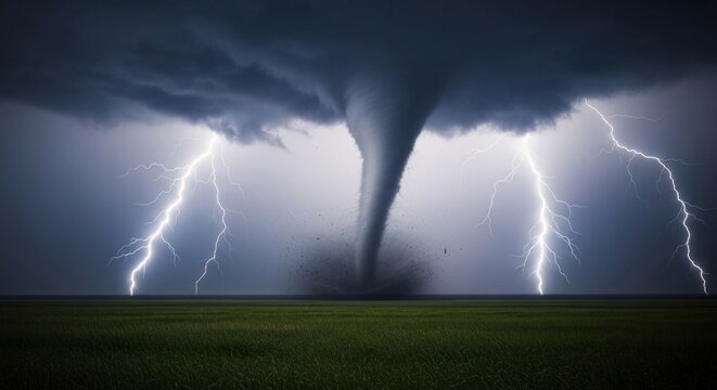 A catastrophic supercell storm with a massive tornado and multiple lightning bolts over a green landscape. - Powered by Adobe