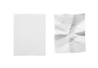 transparent studio photo of two blank papers, one pristine flat, one subtly crumpled, visible premium texture, isolated on transparent background, concept of business ideation and innovation