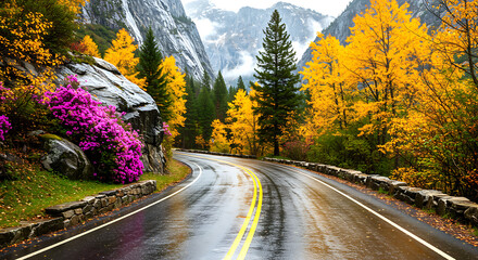 Scenic mountain road winding through a vibrant autumn forest with colorful foliage and blooming flowers after rain