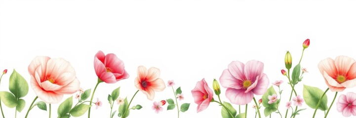 Fototapeta premium Delicate watercolor poppies in soft pink and coral hues bloom against a clean white background