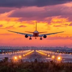 Airplane landing at sunset over city (3)