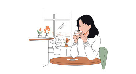 Serene Coffee Break Illustration Featuring a Woman Enjoying a Hot Beverage in a Minimalist Cafe Setting, Ideal for Lifestyle Blogs and Relaxation Themed Content.