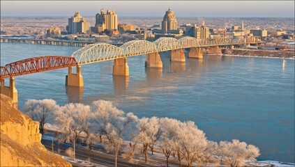 Winter sunrise over a city, river, and bridge
