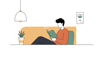 Minimalist Illustration of a Person Reading a Book in a Cozy and Relaxing Interior Setting, Ideal for Promoting Relaxation Techniques, Educational Resources, or Literature Content.