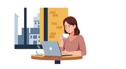 Serene Workspace Illustration Featuring a Woman Enjoying Coffee While Working on a Laptop, Ideal for Portraying Remote Work and Digital Lifestyle
