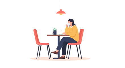 Solitary Coffee Break Illustration Depicting a Woman Enjoying a Quiet Moment at a Cafe. Suitable for blogs, articles, and websites focusing on lifestyle, mindfulness, or coffee culture.