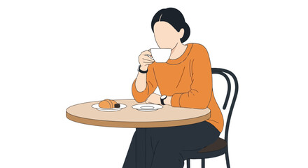 Faceless Woman Enjoying Coffee and Pastry at Cafe Table Vector Illustration for Lifestyle, Food and Beverage Content, and Social Media Marketing Campaigns.