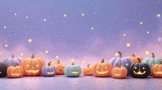 cute happy Halloween Vector illustration banner. Night purple halloween theme background banner. 3D Halloween pumpkins with glowing jack-o'-lanterns and stars. 