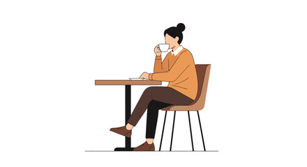 Minimalist Illustration of a Woman Enjoying Coffee at a Table, Ideal for depicting cafe culture, relaxation, or simple pleasures in lifestyle and advertising content.