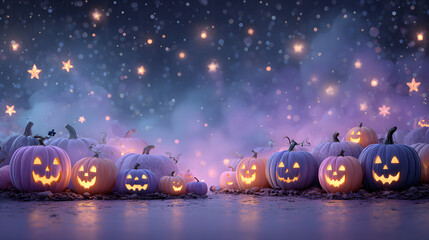 cute happy Halloween Vector illustration banner. Night purple halloween theme background banner. 3D Halloween pumpkins with glowing jack-o'-lanterns and stars. 
