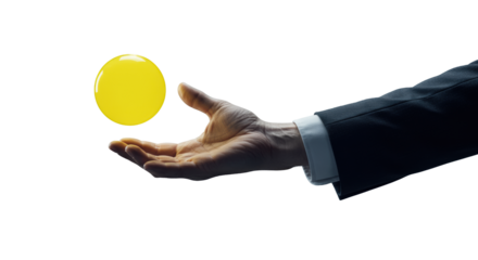 Professional's refined hand in business casual cuff, subtle watch, holding vibrant yellow sphere against blurred office, high-key studio light, embodying strategic opportunity capture