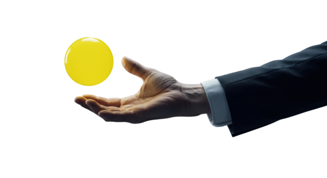 Professional's refined hand in business casual cuff, subtle watch, holding vibrant yellow sphere against blurred office, high-key studio light, embodying strategic opportunity capture