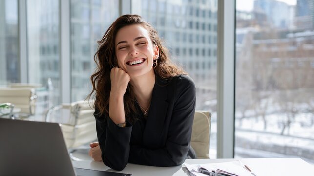 Serene Businesswoman in Office: A beautiful, smiling businesswoman radiates confidence and contentment in a modern office setting. Through the window, the image captures a picturesque cityscape.