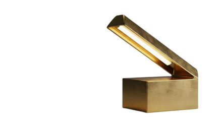 Sleek abstract gold and silver sculpture on a pristine grey plinth, high-key studio, soft warm golden light, ample copy space. Concept of corporate excellence and future vision