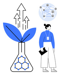 Flask with plant sprouts emitting arrows, molecular structure, network map, and a professional observer. Ideal for science, sustainability, growth strategy, technology, biology innovation